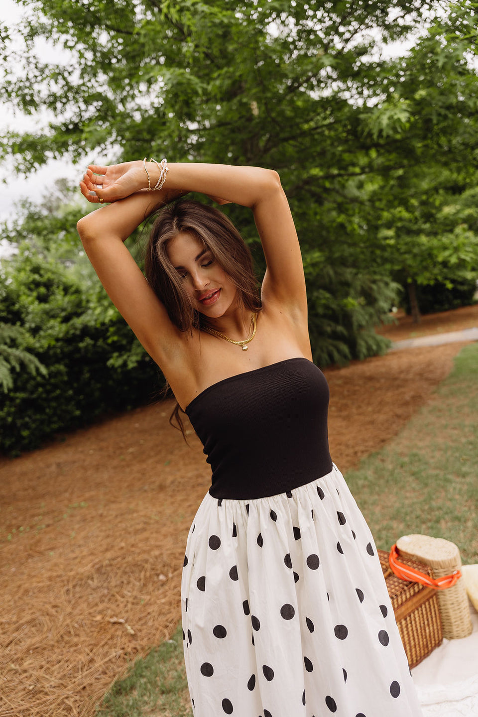 Polka Dot Midi Dress – Black & Cream Strapless Polka Dot Dress