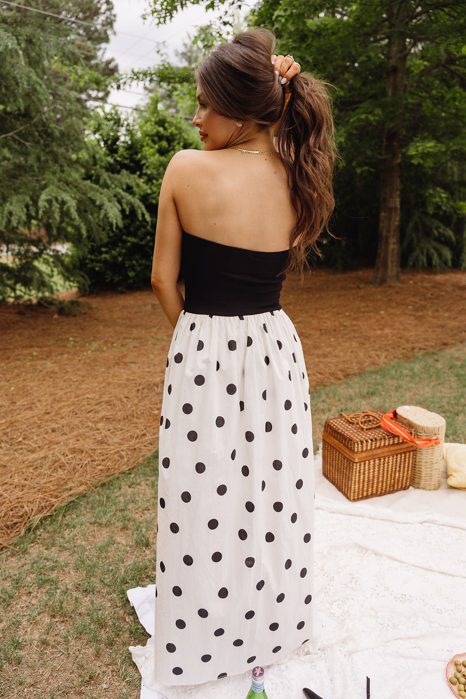 Polka Dot Midi Dress – Black & Cream Strapless Polka Dot Dress