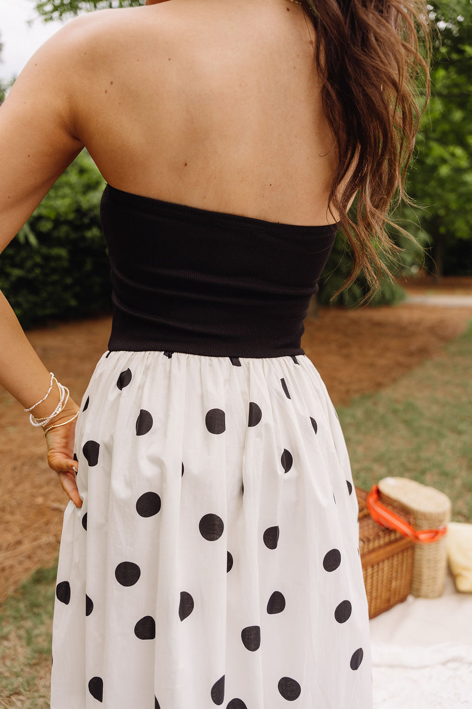 Polka Dot Midi Dress – Black & Cream Strapless Polka Dot Dress
