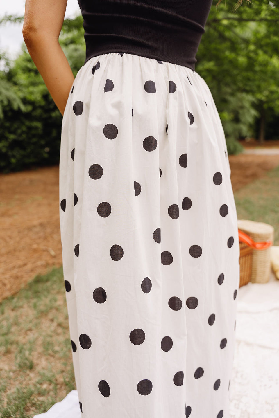 Polka Dot Midi Dress – Black & Cream Strapless Polka Dot Dress