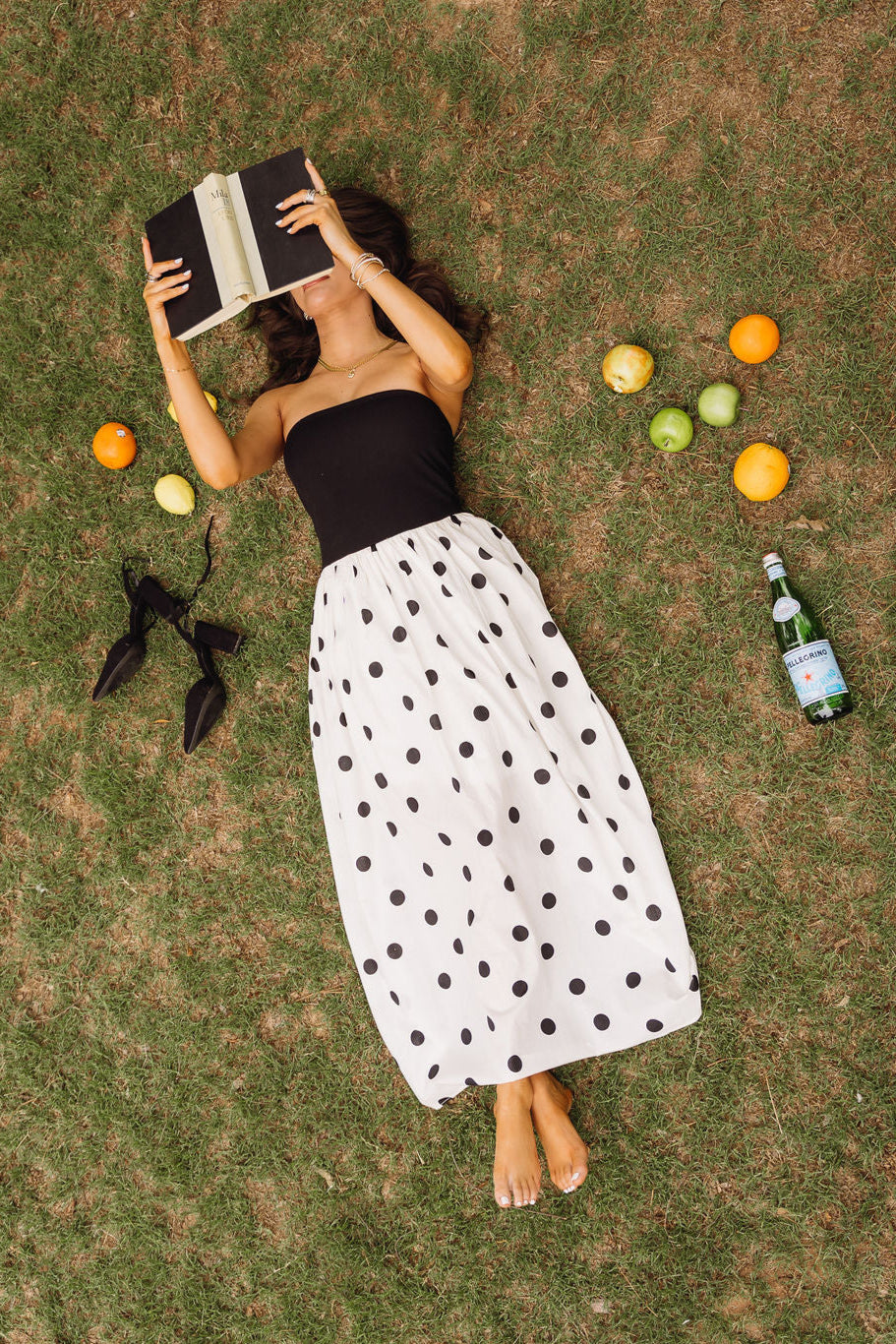 Marlene Black & Cream Polka Dot Midi Dress - Aerial view