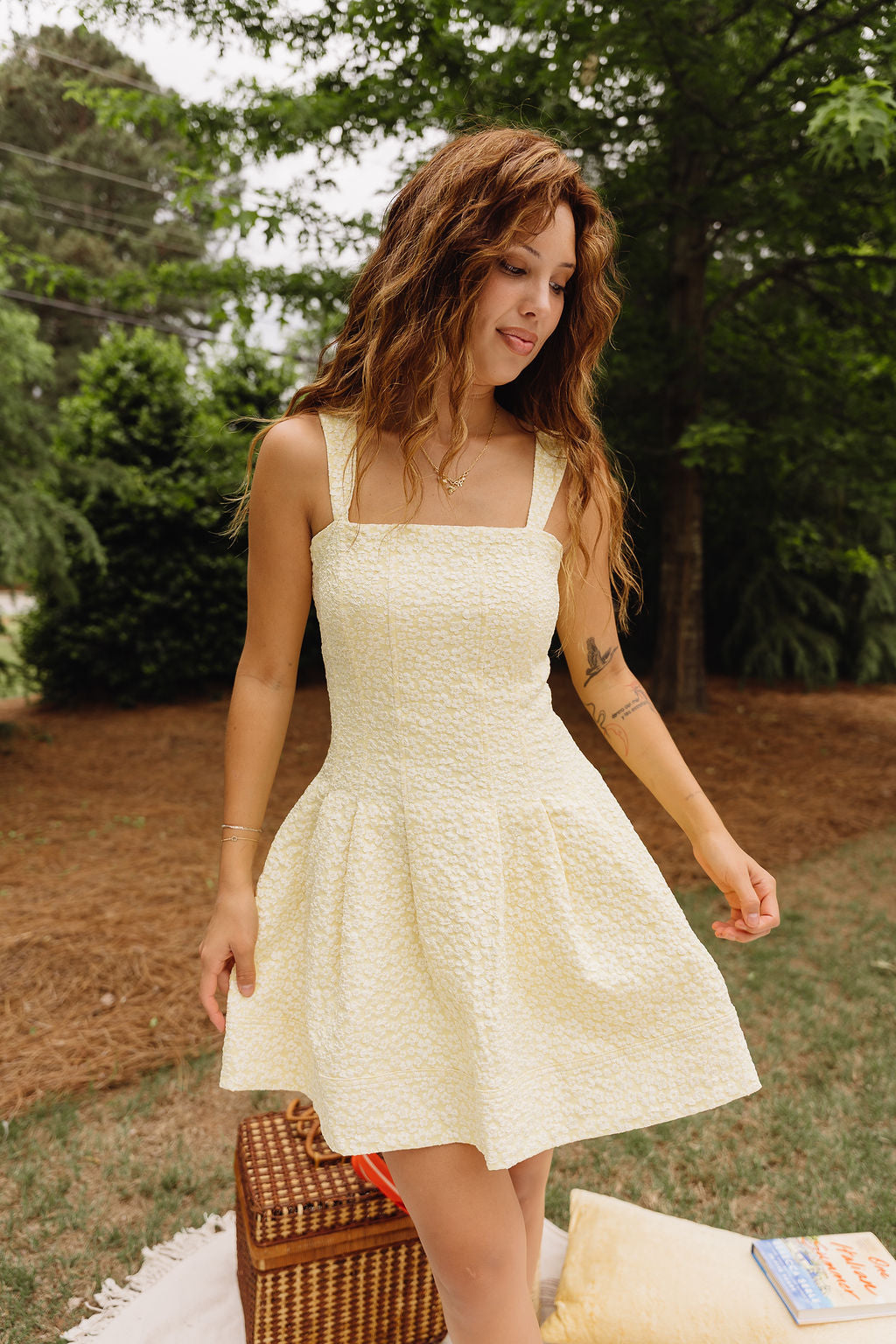 Kiarra Yellow Floral Pleated Mini Dress -front view
