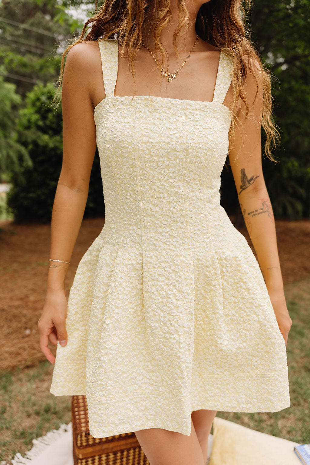 Kiarra Yellow Floral Pleated Mini Dress - front