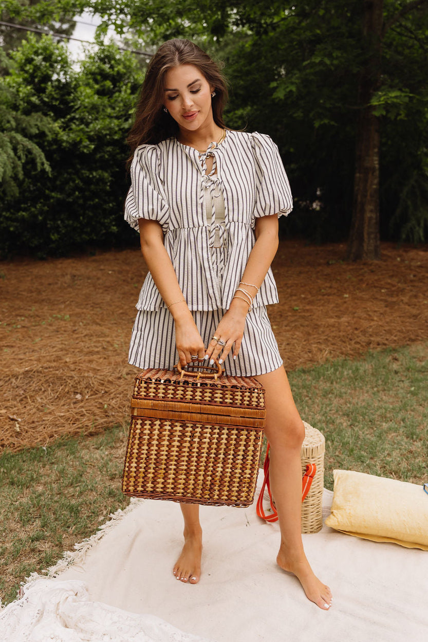 Carly White & Black Striped Tie-Front Top - full body front view
