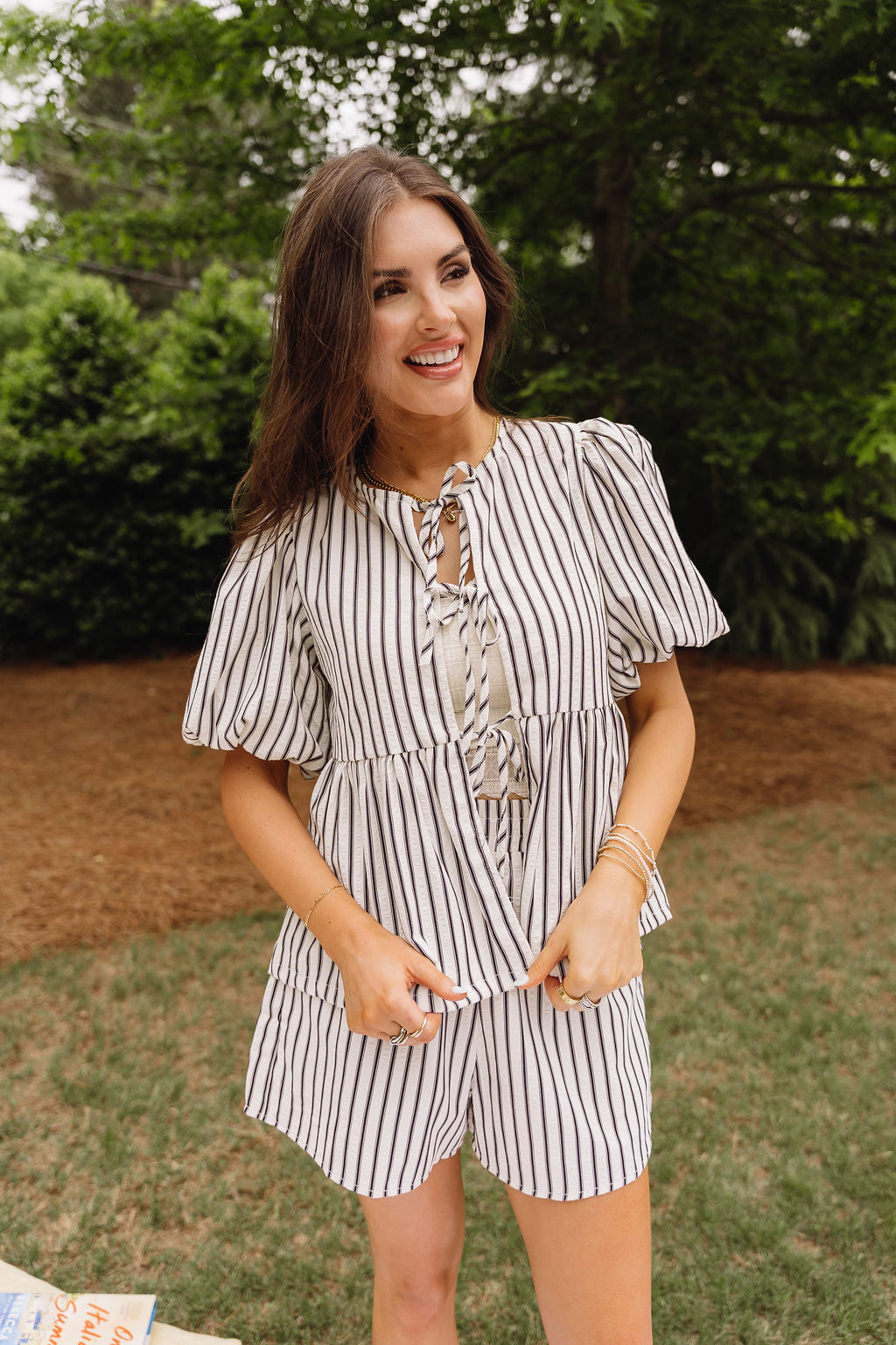Carly White & Black Striped Tie-Front Top - front