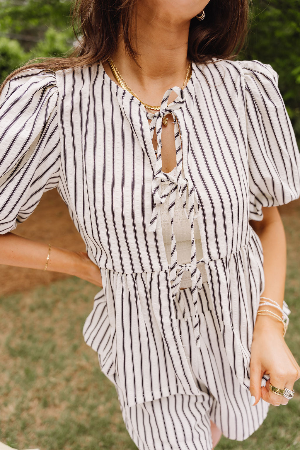 Carly White & Black Striped Tie-Front Top - close up front view