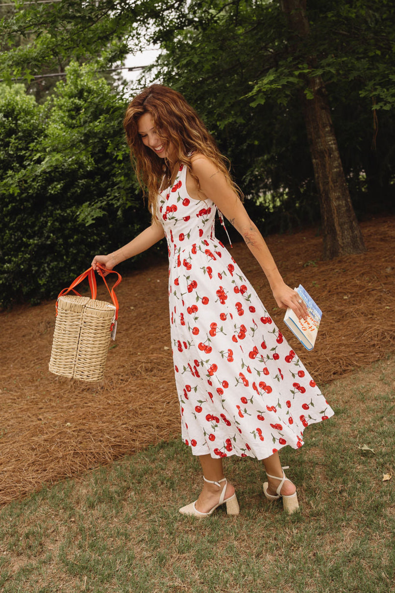 White Cherry Print Midi Dress – Sleeveless Summer Midi White Cherry Print Midi Dress – Sleeveless Summer Midi
