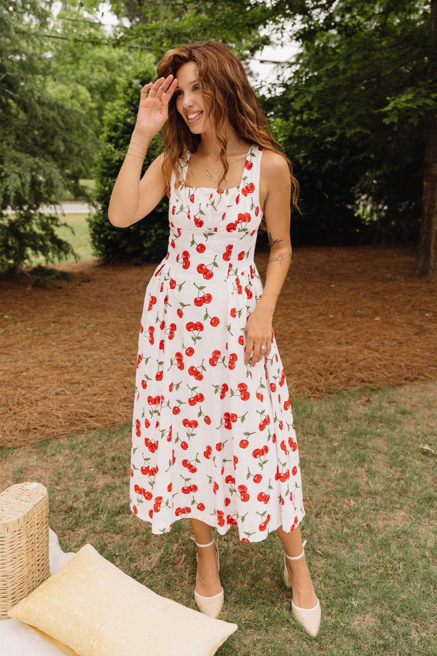 Carmella White Cherry Print Midi Dress - full body front view
