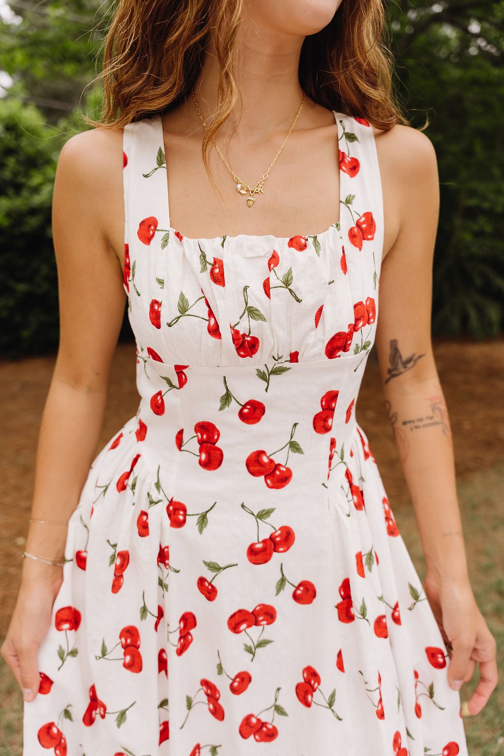 White Cherry Print Midi Dress Sleeveless Summer Midi - Lizard Thicket White Cherry Print Midi Dress Sleeveless Summer Midi - Lizard Thicket