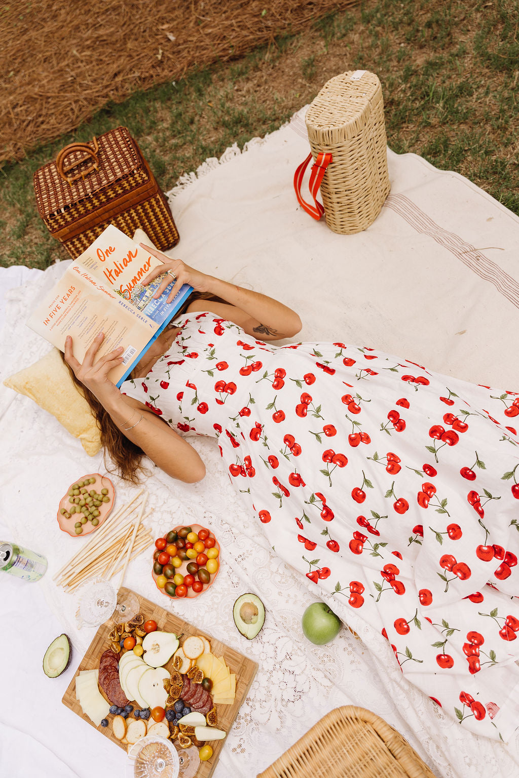 Carmella White Cherry Print Midi Dress - aerial view