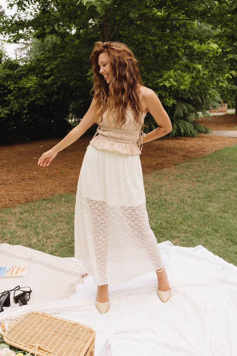 Ellie Cream Lace Midi Skirt - full body front view