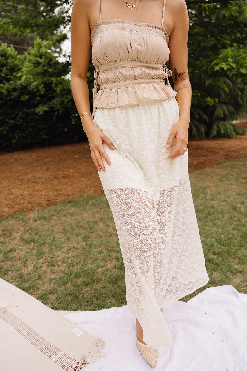 Ellie Cream Lace Midi Skirt - lower body front view