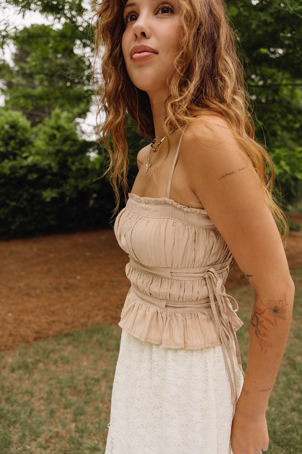 Angelina Taupe Side Tie Tank Top - close side view 