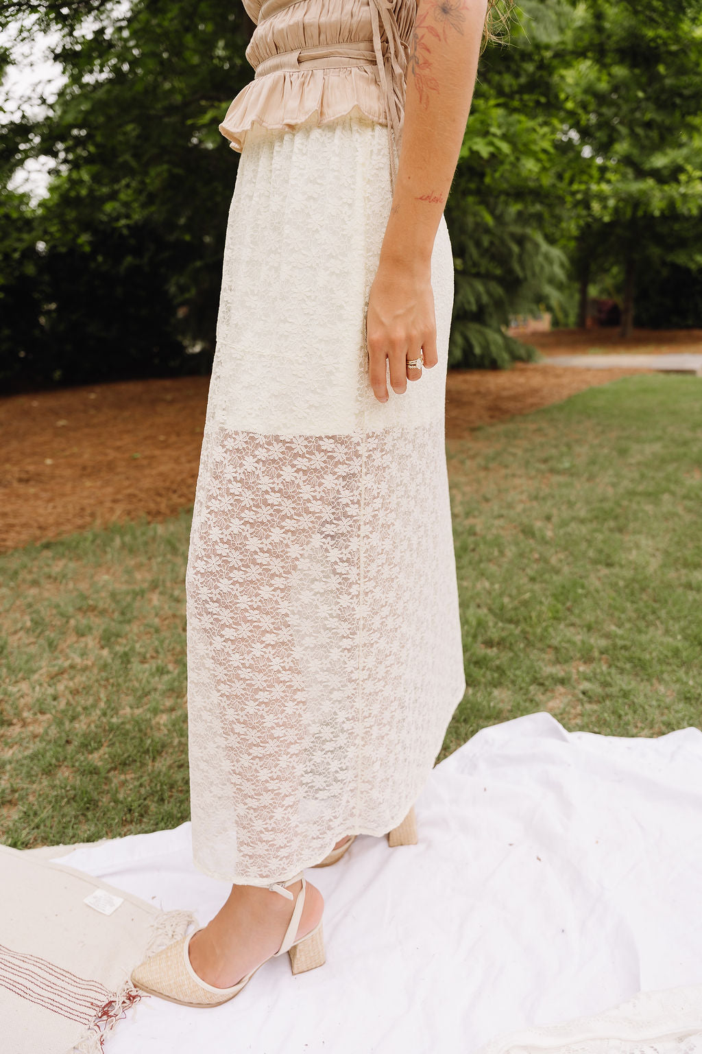 Ellie Cream Lace Midi Skirt - lower body side view