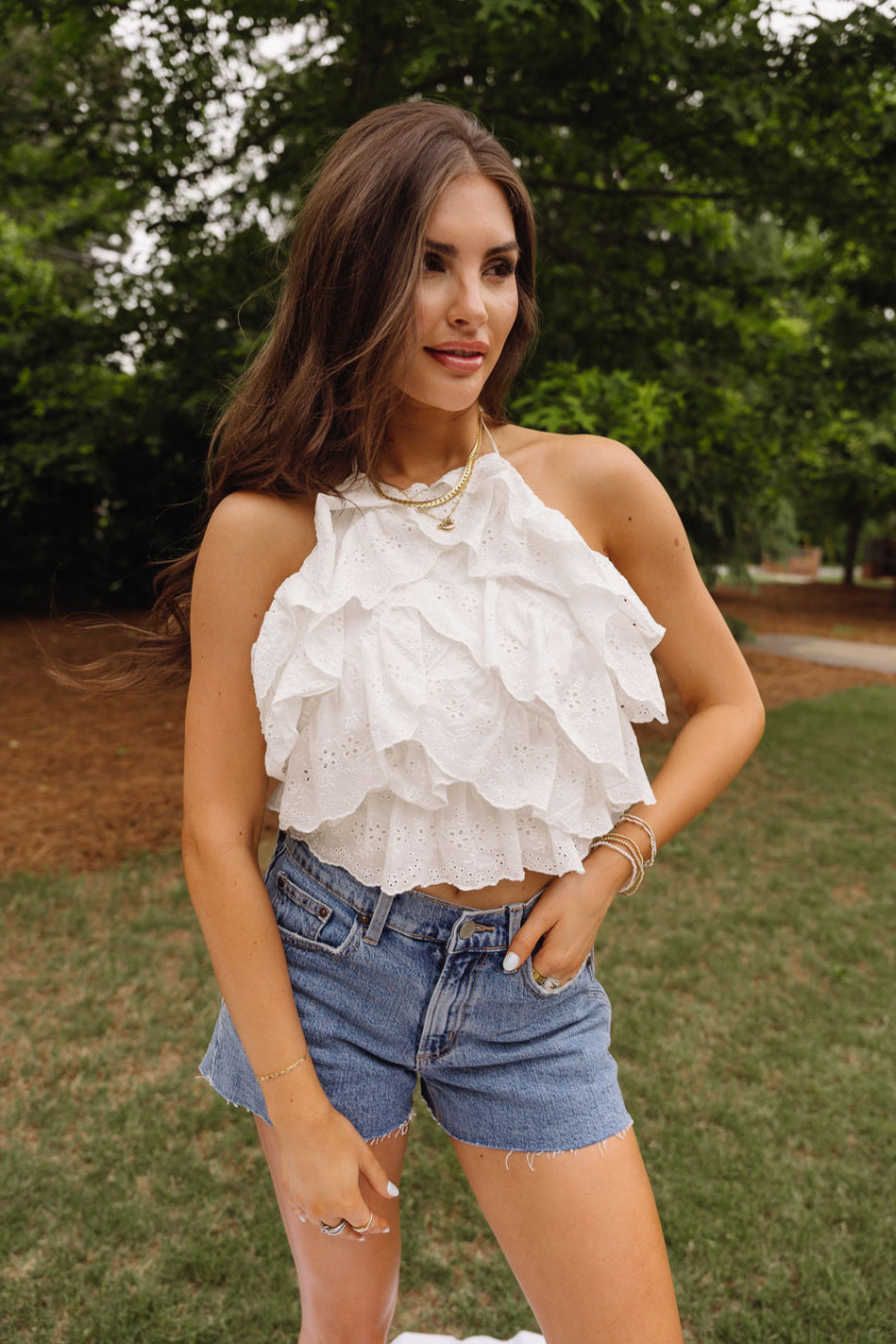Madeline White Eyelet Ruffle Tank Top - front view