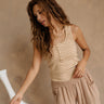 Julia Taupe & White Stripe Waffle Knit Henley Tank- front view