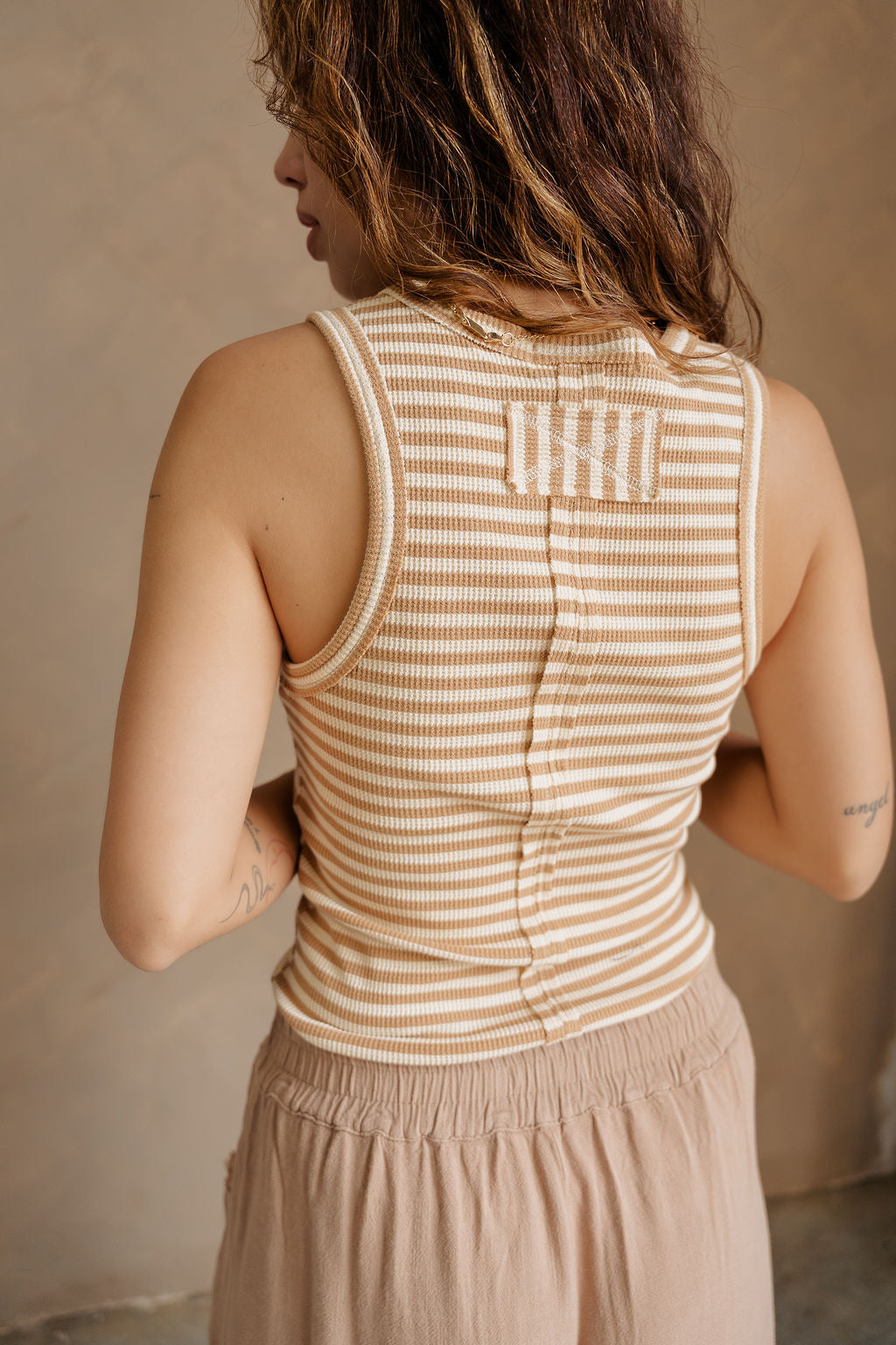 Julia Taupe & White Stripe Waffle Knit Henley Tank- close up back view