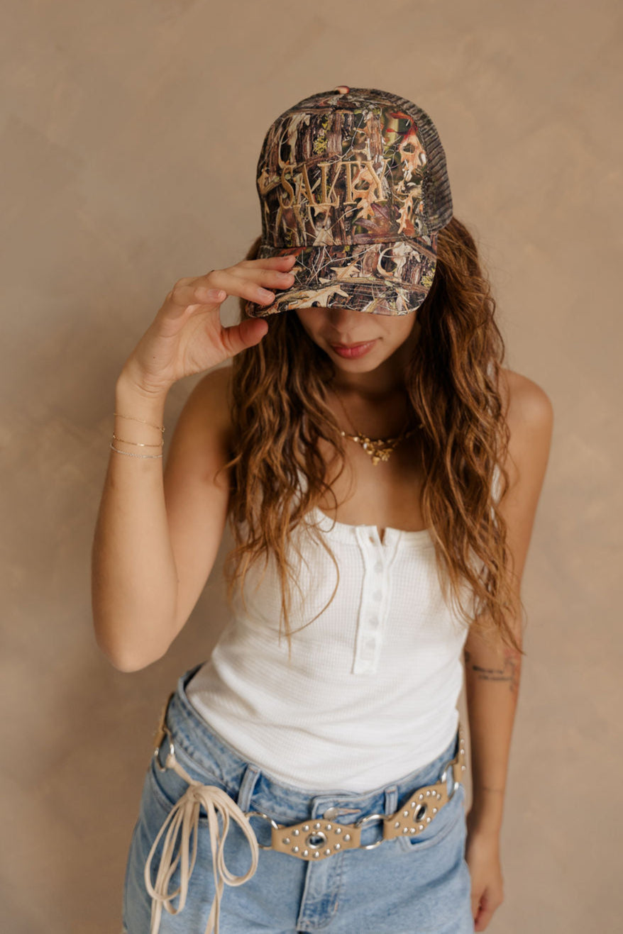 Salty Gold & Camo Adjustable Trucker Hat - left side view