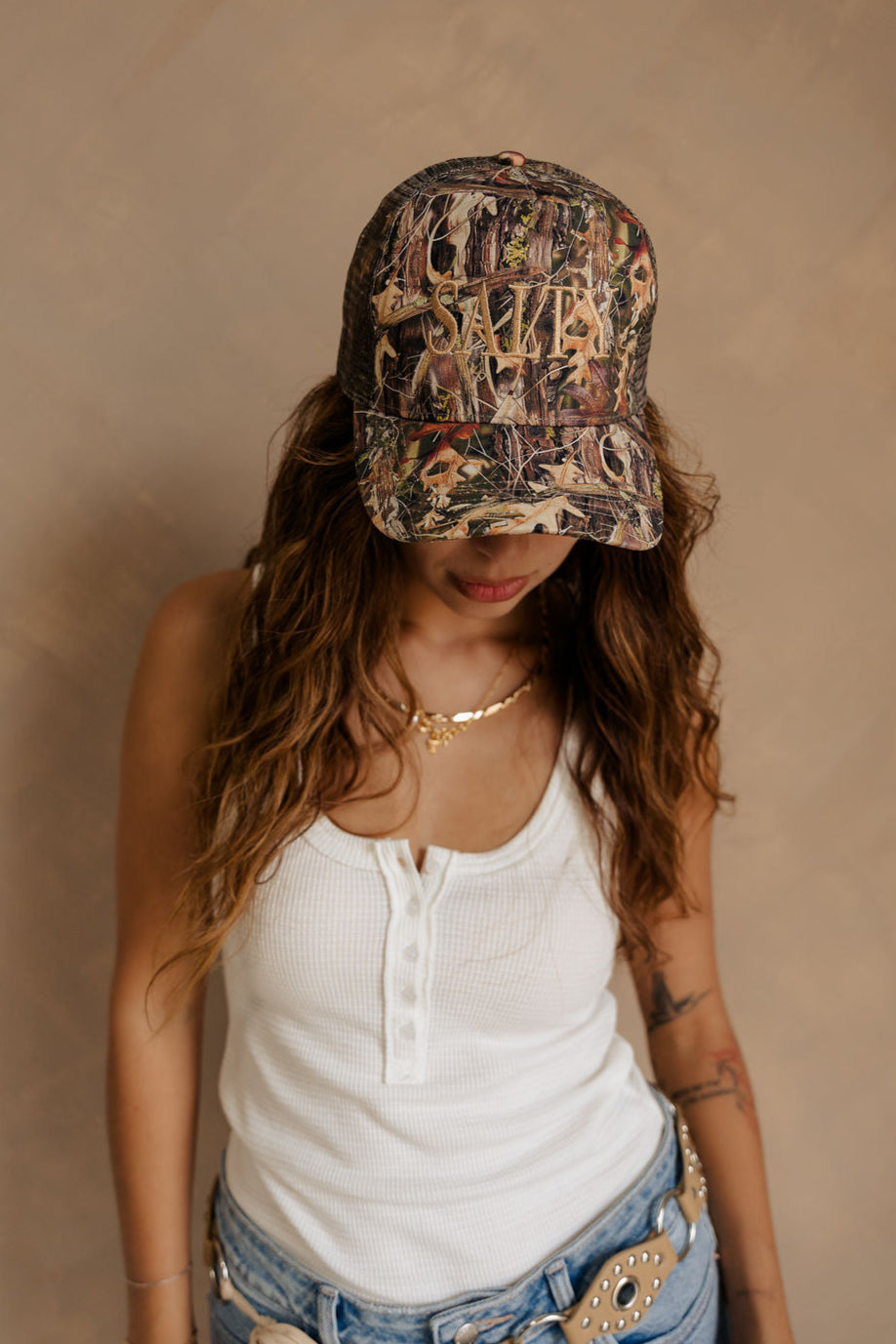 Salty Gold & Camo Adjustable Trucker Hat - front view