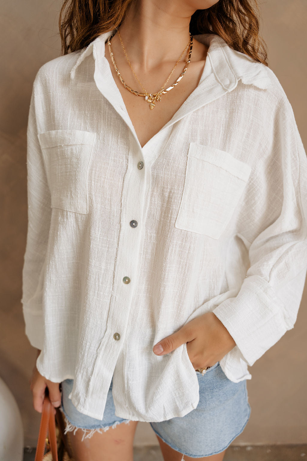 Hazel White Linen Button-Up Long Sleeve Top- close up top view