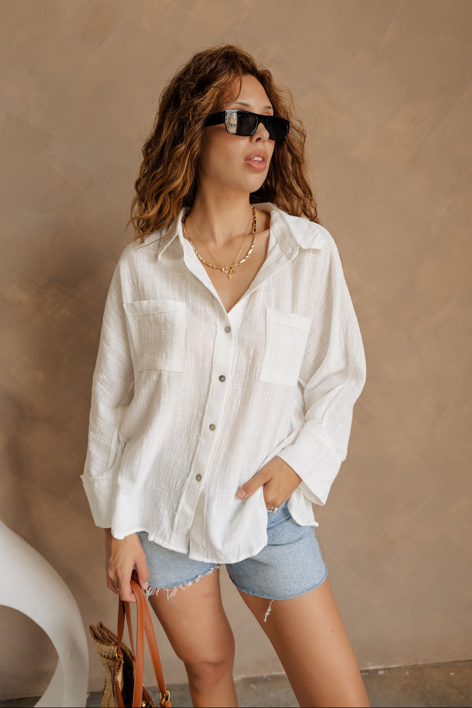 Hazel White Linen Button-Up Long Sleeve Top- front view