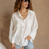 Hazel White Linen Button-Up Long Sleeve Top- front view