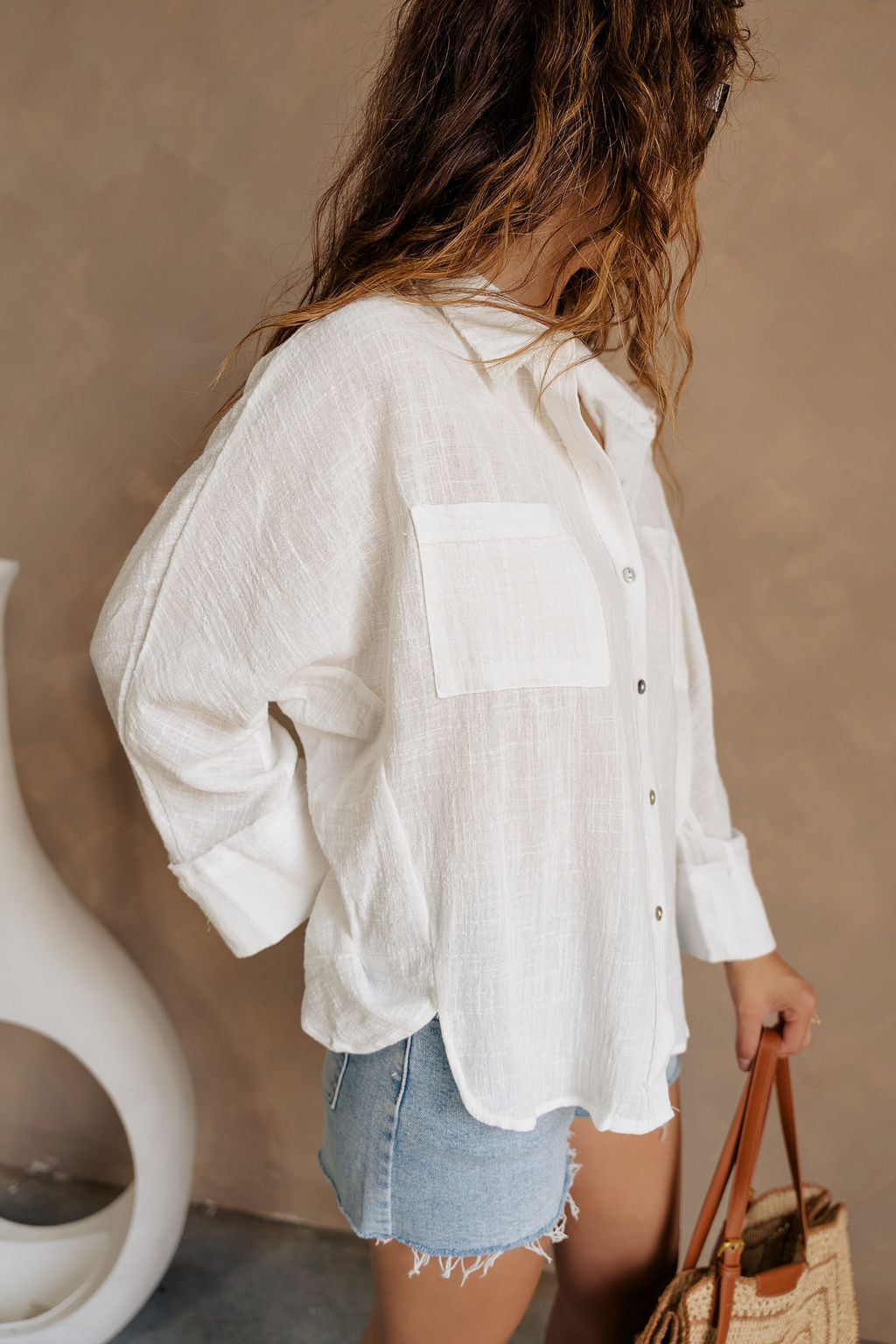 Hazel White Linen Button-Up Long Sleeve Top- side view