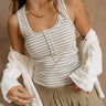 Julia Grey & White Stripe Waffle Knit Henley Tank- front view
