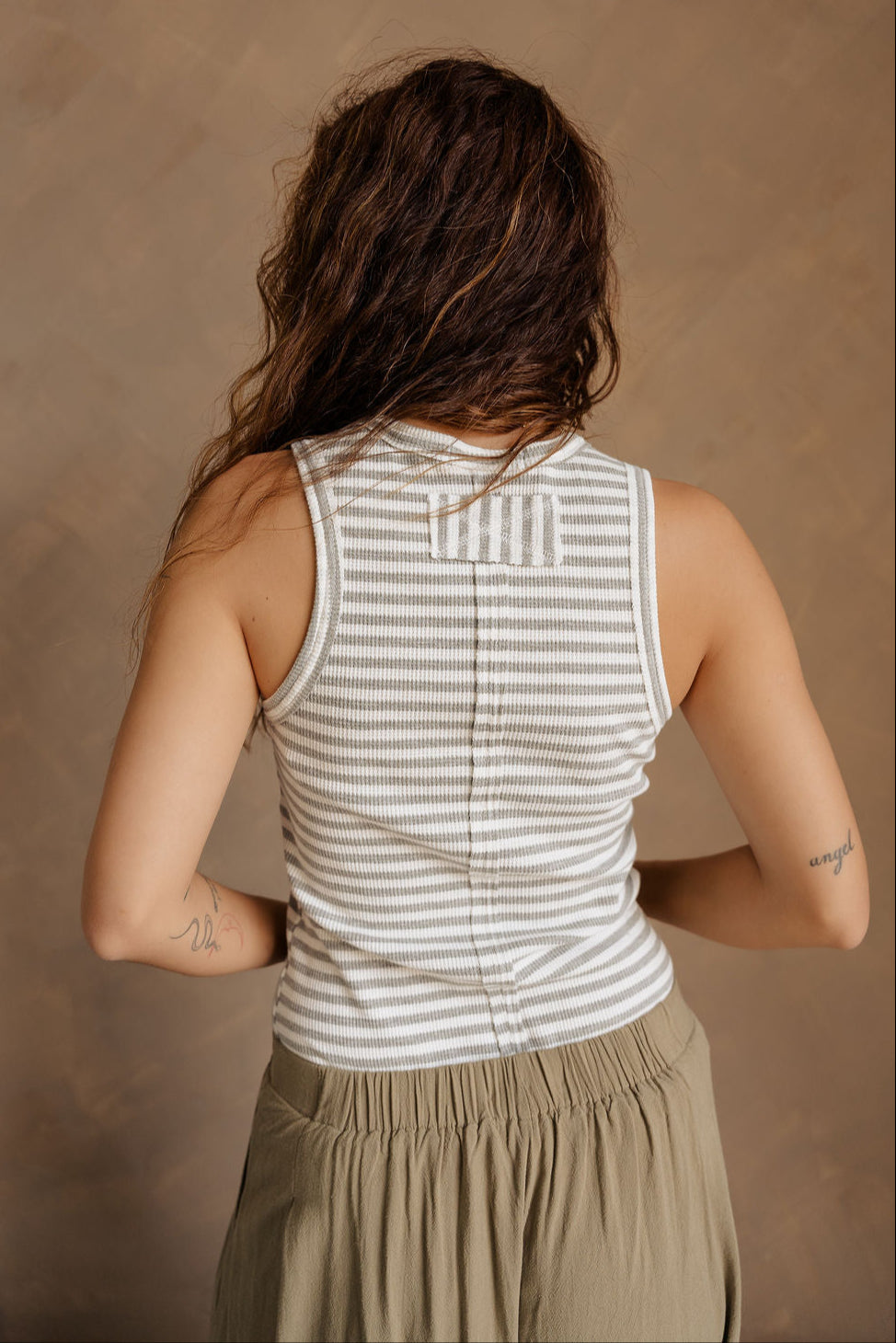 Julia Grey & White Stripe Waffle Knit Henley Tank- top back view