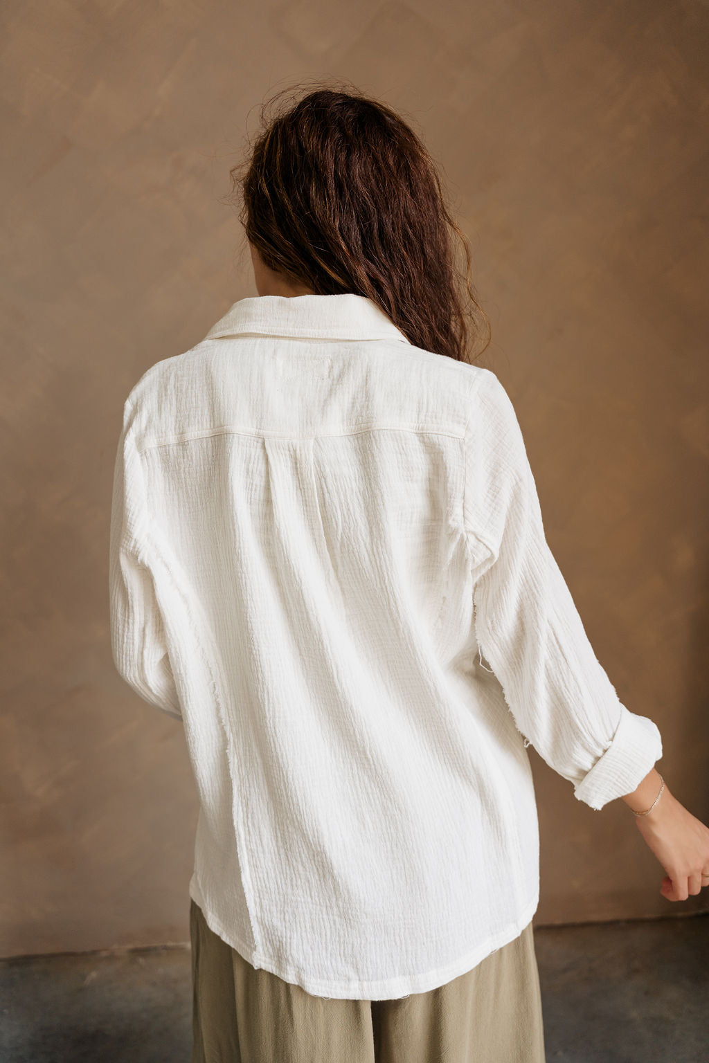 Maya Cream Gauze Button-Up Long Sleeve Top- back view