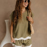 Liliana Olive & Cream Scallop Linen Shorts- front view