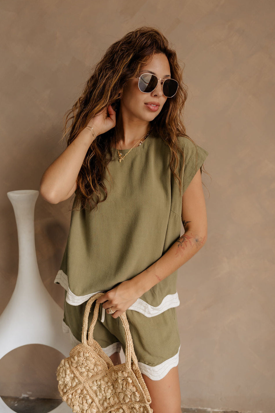 Liliana Olive & Cream Scallop Linen Top- front view