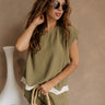 Liliana Olive & Cream Scallop Linen Top- front view