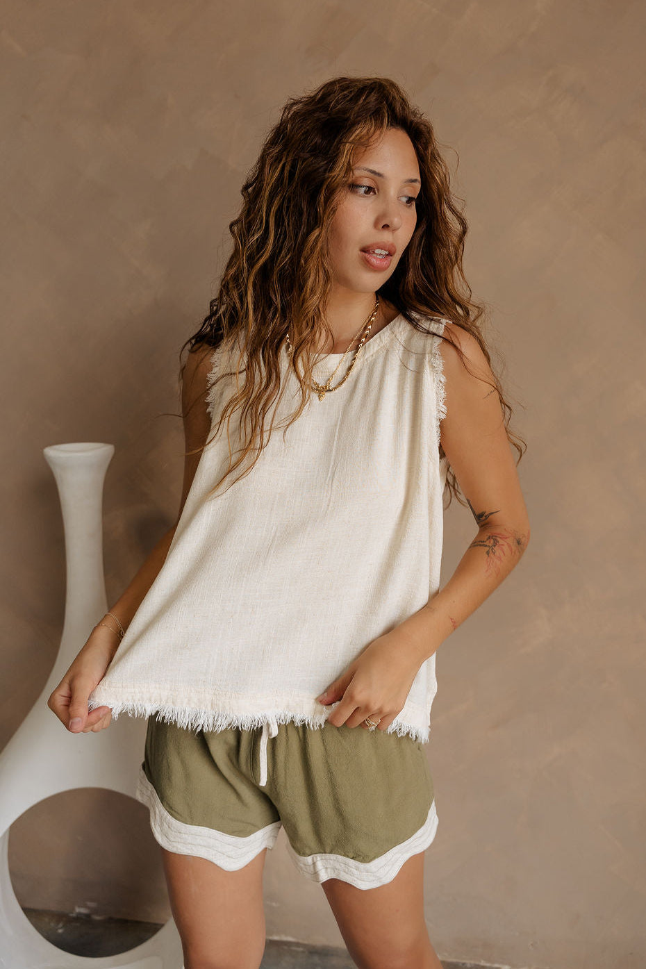 Willa Cream Linen Frayed Tank - front view