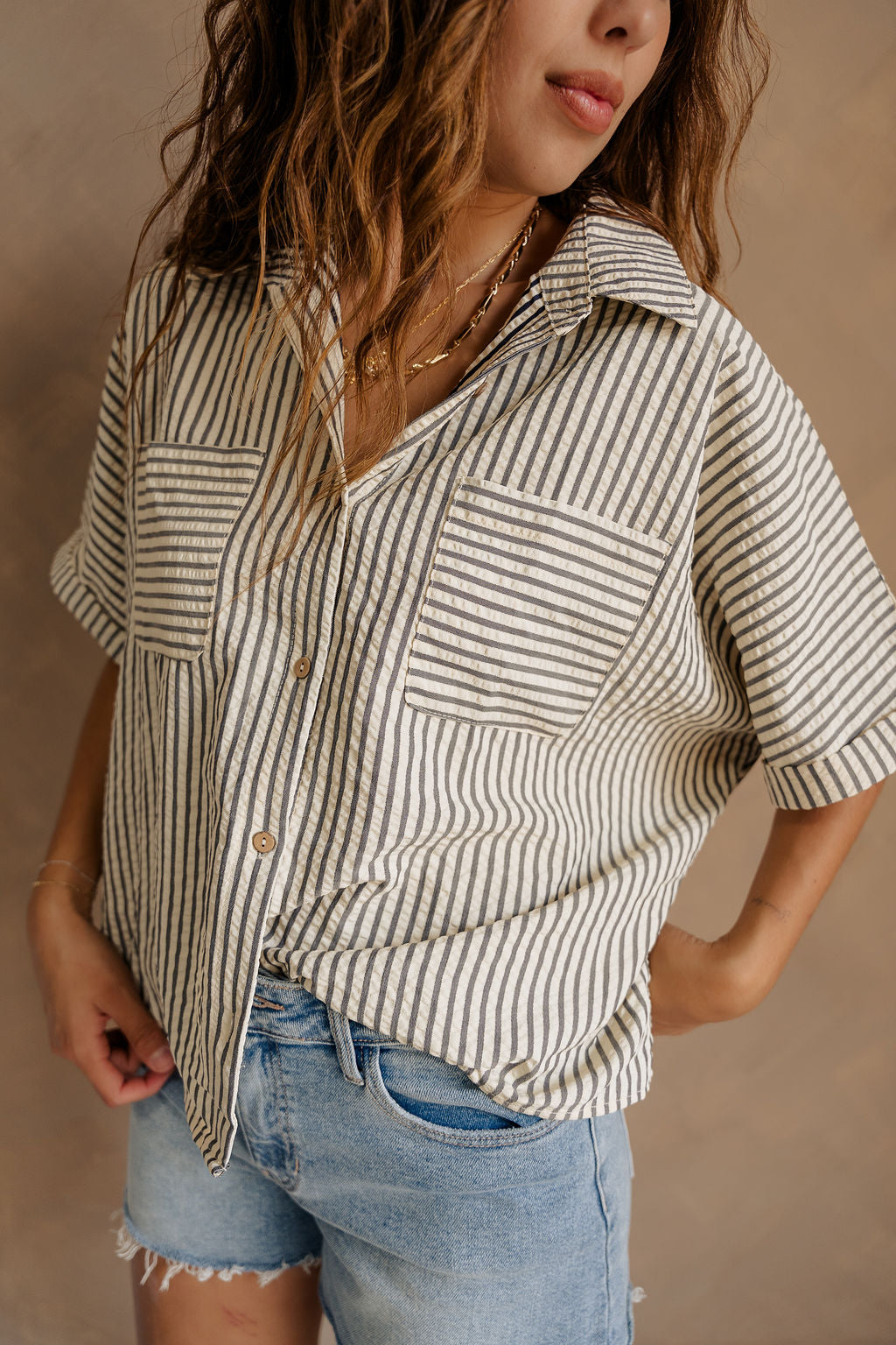 Cora Cream & Navy Stripe Button-Up Top- frontal side view