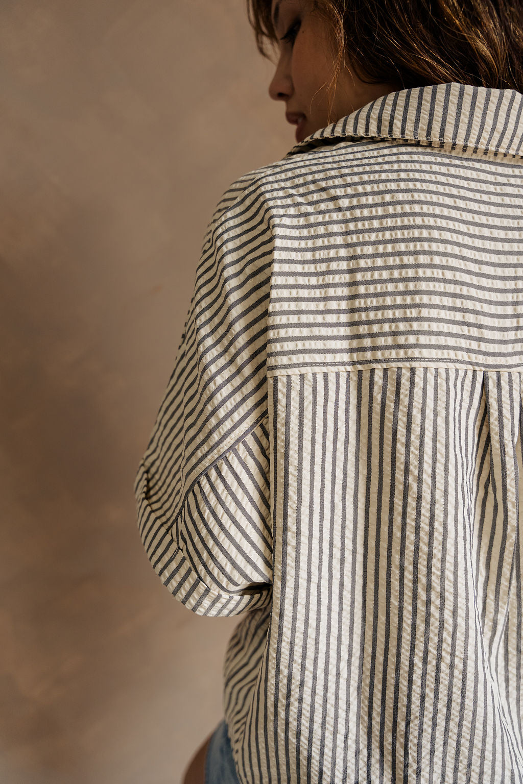 Cora Cream & Navy Stripe Button-Up Top- close up side back view