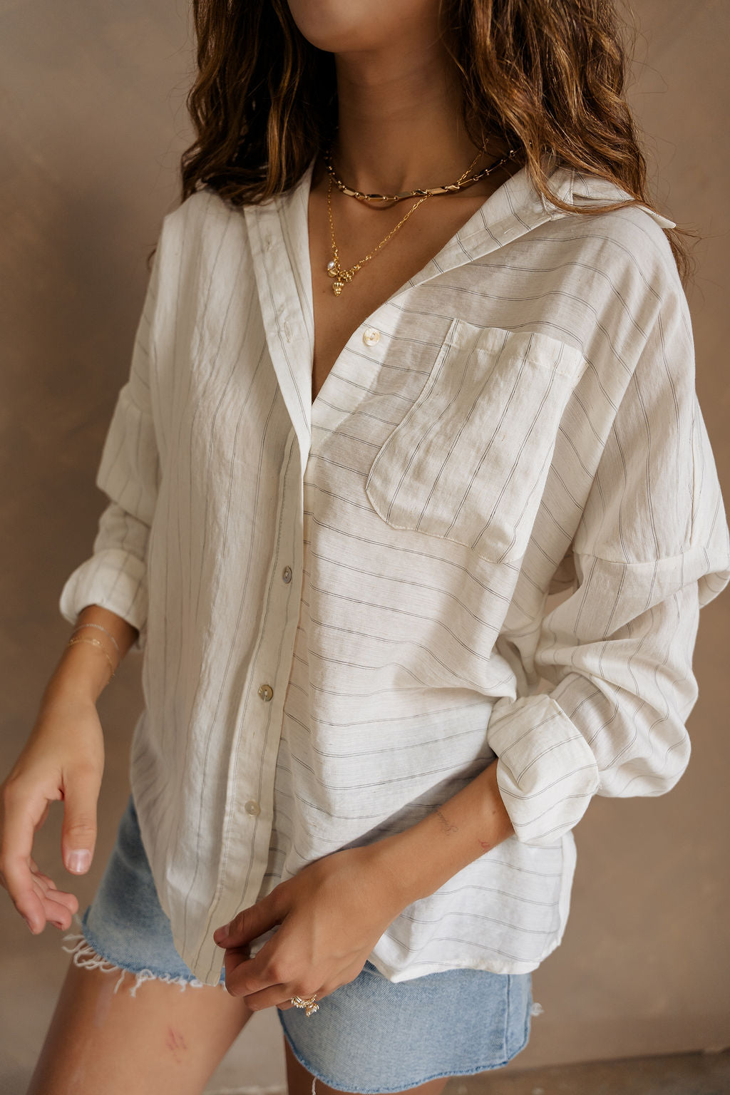 Charlie White & Black Stripe Button-Up Top- frontal side view