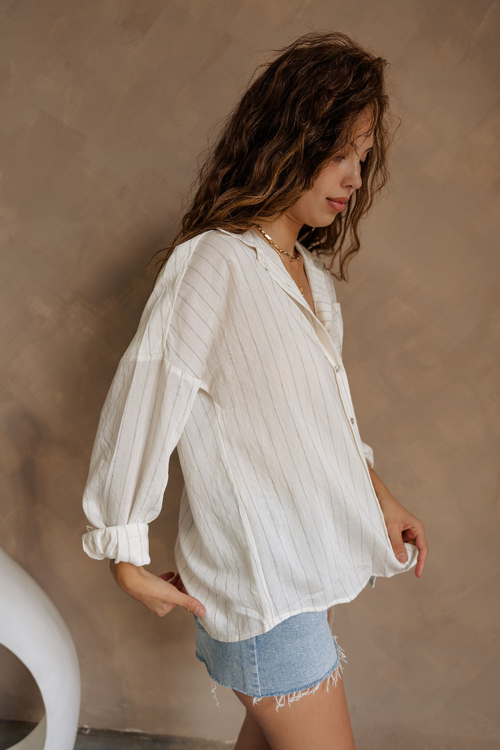Charlie White & Black Stripe Button-Up Top- side view