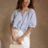 Elsie Blue & White Stripe Short Puff Sleeve Top- front view