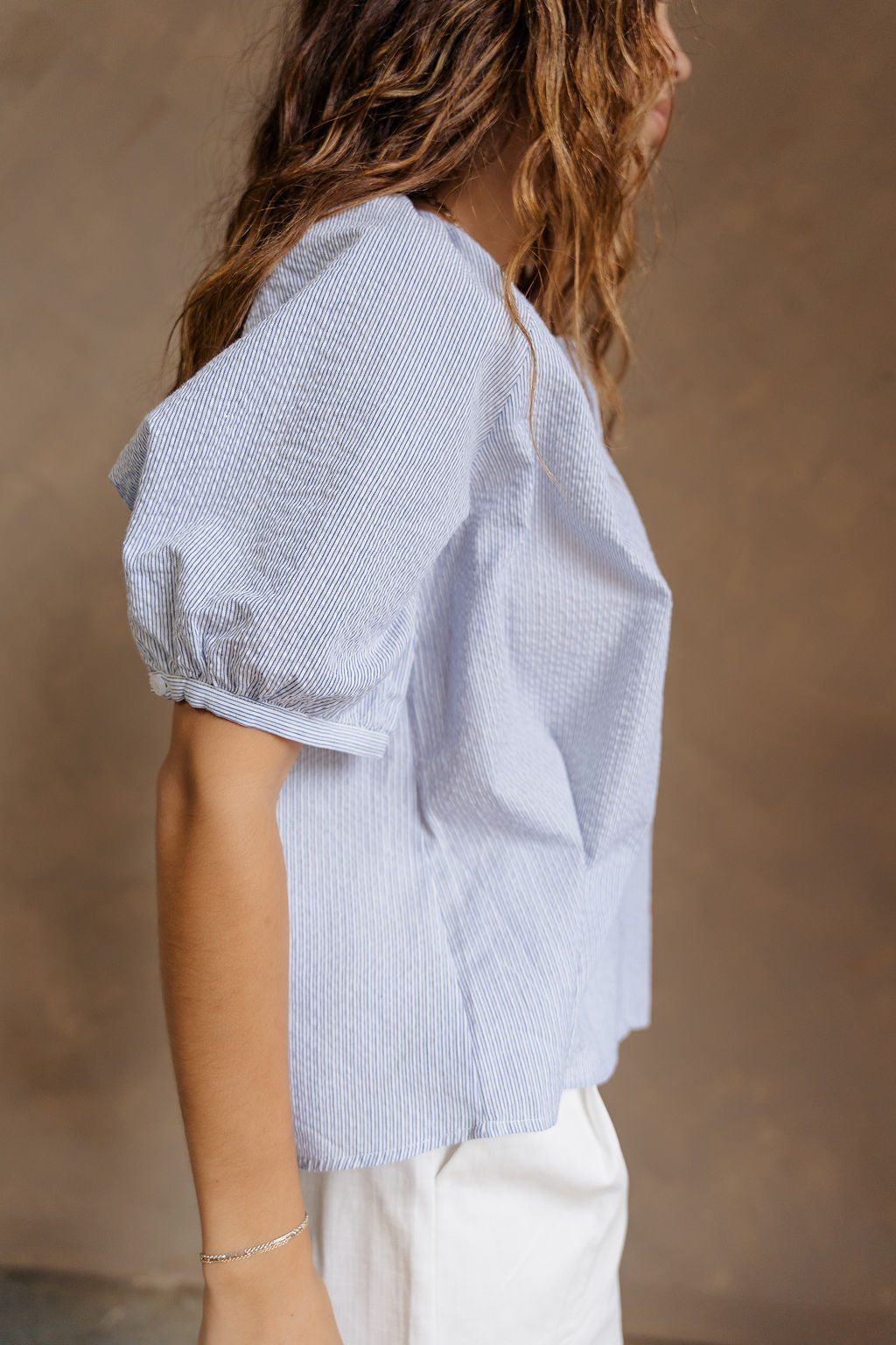 Elsie Blue & White Stripe Short Puff Sleeve Top- close up side view