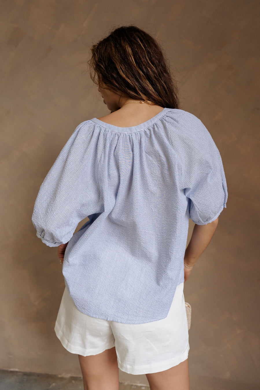 Elsie Blue & White Stripe Short Puff Sleeve Top- full back view