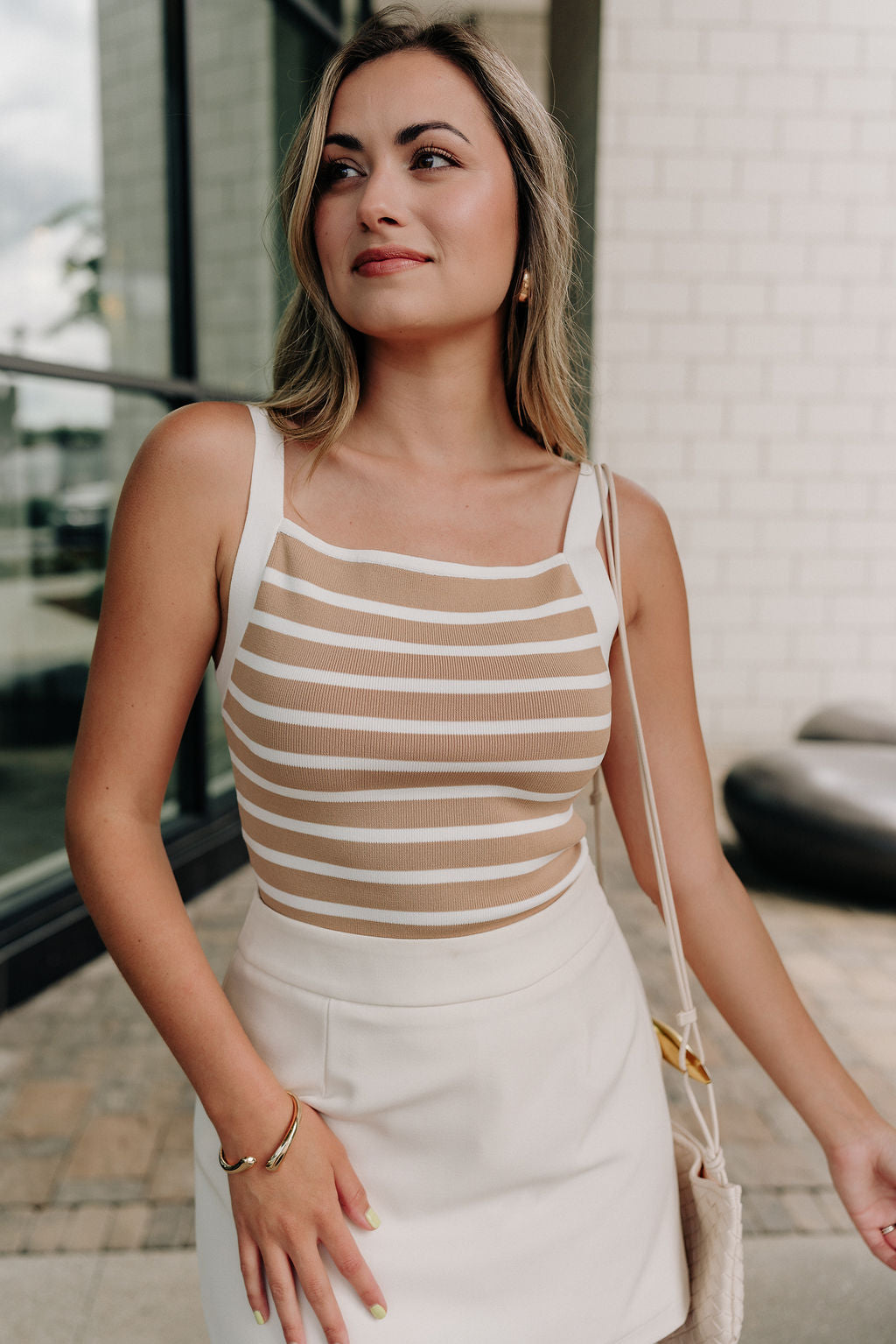 close up view of female model wearing the Vanessa Stripe Square Neckline Tank which features Stripe Print, Sleeveless and Square Neckline