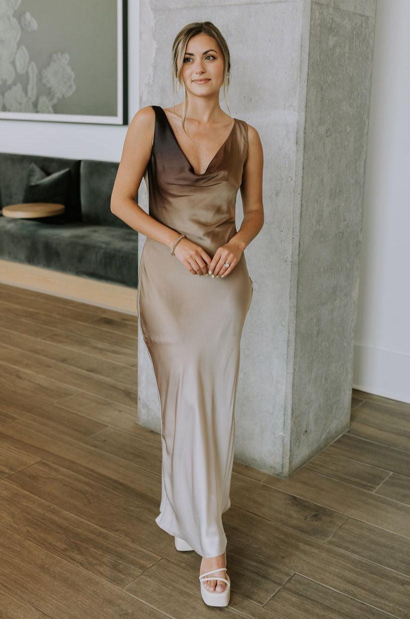 taupe satin midi dress Asymmetrical Backless Halter Satin Cowl Neck, Abigail Cowl Midi Dress in Taupe, Size S, For Cocktail