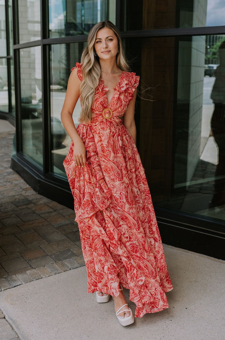 Adalyn Pink & Red Paisley Cut-Out Maxi Dress - Lizard Thicket Adalyn Pink & Red Paisley Cut-Out Maxi Dress - Lizard Thicket