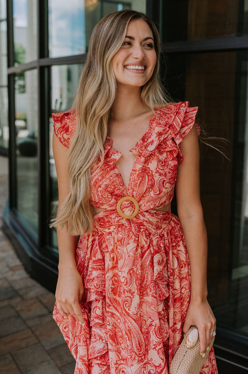Adalyn Pink & Red Paisley Cut-Out Maxi Dress - Lizard Thicket Adalyn Pink & Red Paisley Cut-Out Maxi Dress - Lizard Thicket