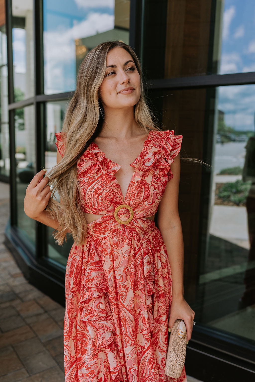 red paisley print dress Red Paisley Print Tiered Halter Tie Midi Dress
