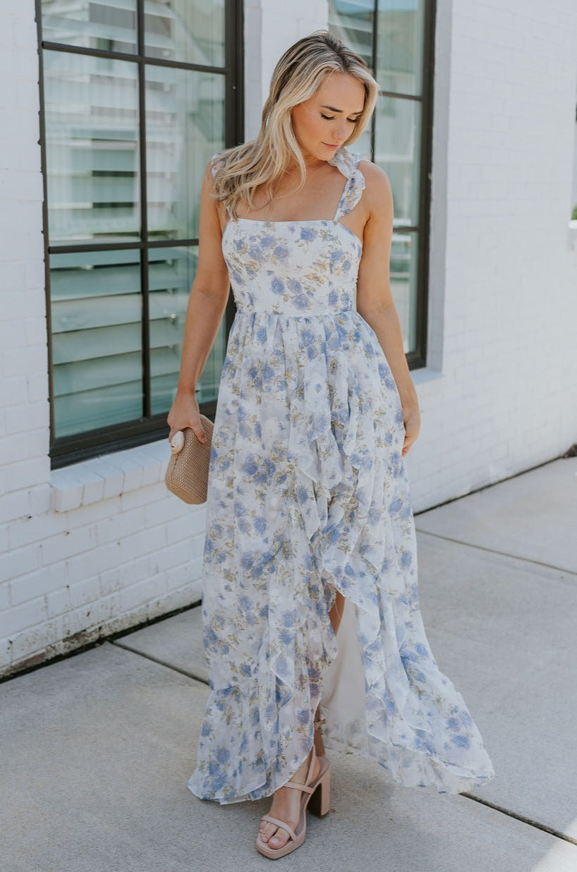 Reagan Blue & White Floral Ruffle Slit Maxi Dress - Lizard Thicket Reagan Blue & White Floral Ruffle Slit Maxi Dress - Lizard Thicket
