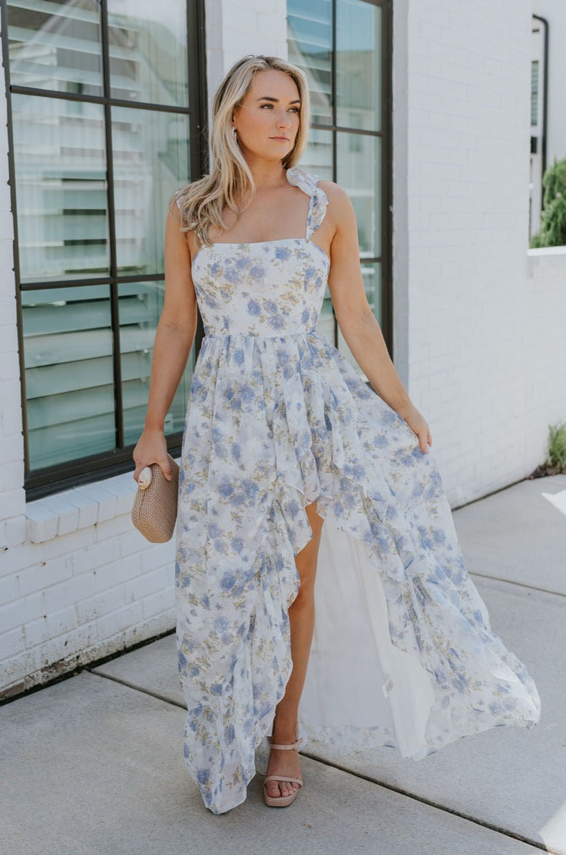 Reagan Blue & White Floral Ruffle Slit Maxi Dress - Lizard Thicket Reagan Blue & White Floral Ruffle Slit Maxi Dress - Lizard Thicket