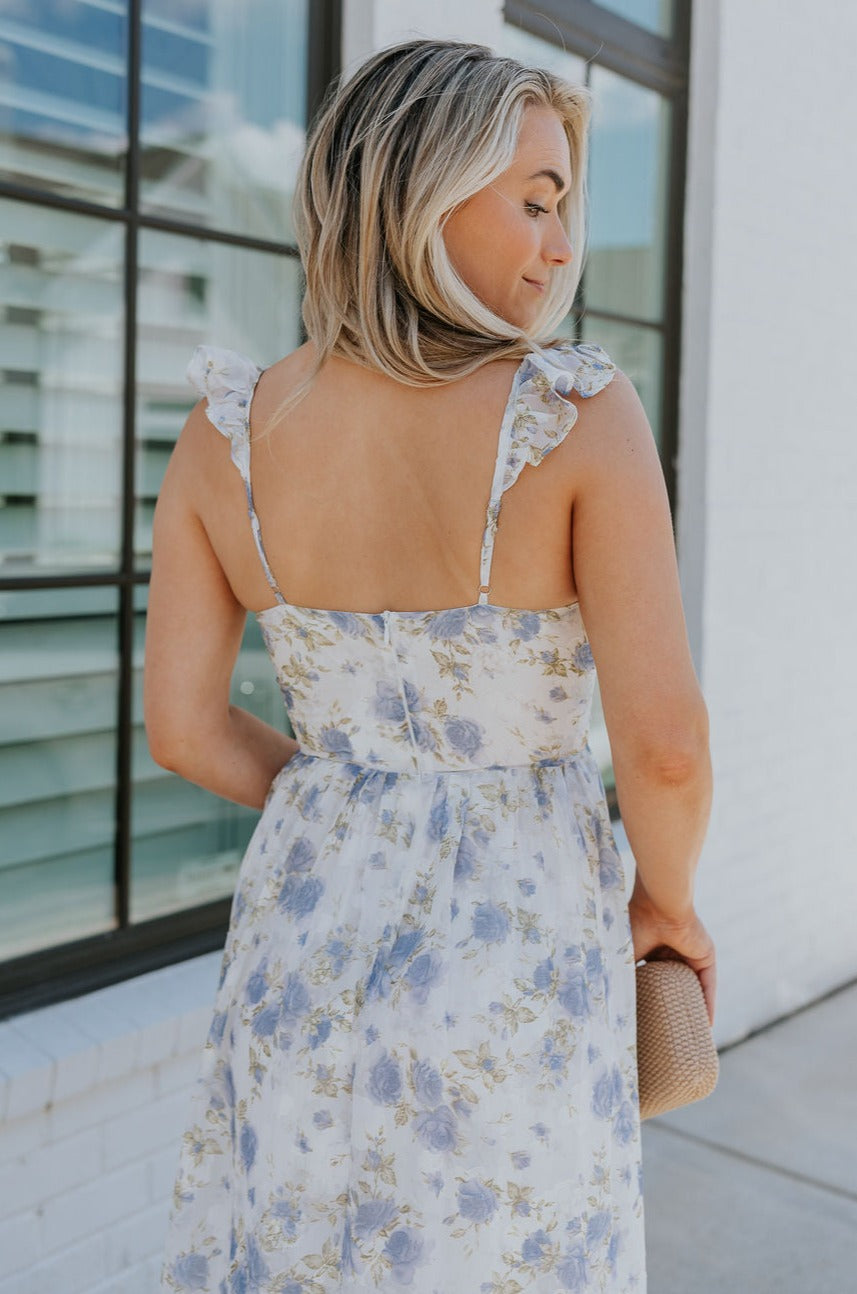 Reagan Blue & White Floral Ruffle Slit Maxi Dress - Lizard Thicket
