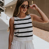 front view of female model wearing the Mallory Off White & Black Stripe Tank which features White and Black Stripe Pattern, Round Neckline, Cropped Waist and Sleeveless